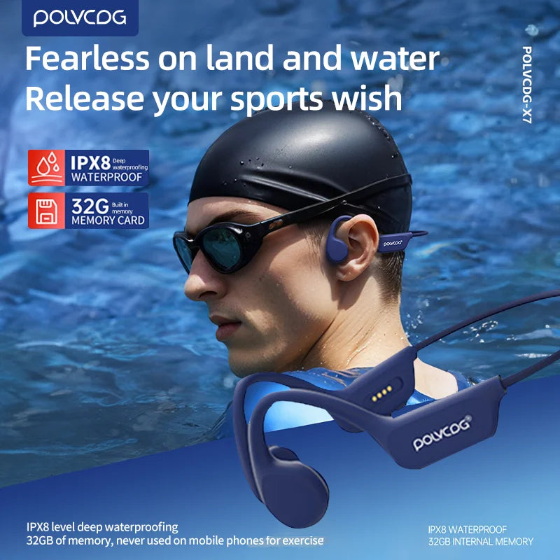POLVCDG Knochenleitungs-Headset IPX8 32 GB Bluetooth 5.3 Kabelloses Headset mit Mikrofon Wasserdicht Schwimmen 2024 Neu