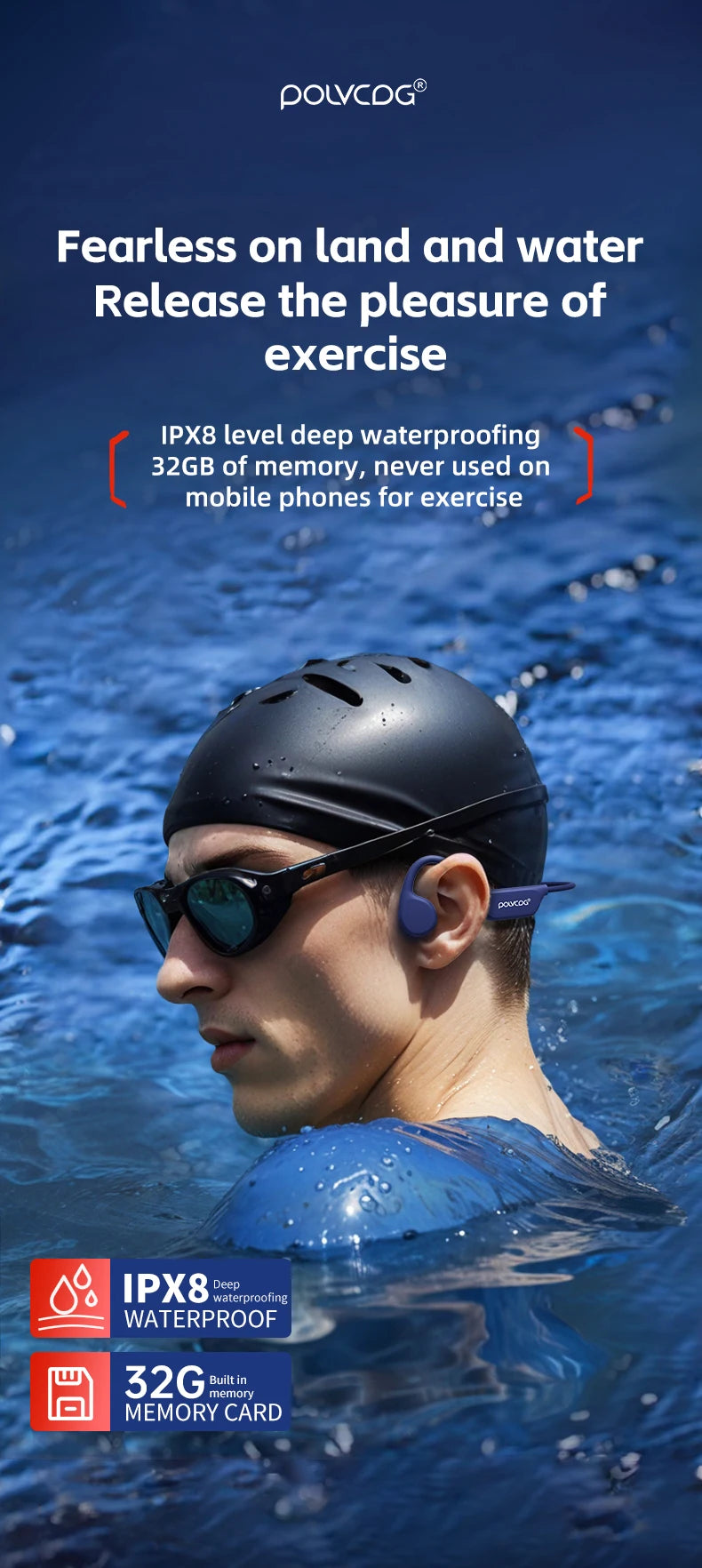 POLVCDG Knochenleitungs-Headset IPX8 32 GB Bluetooth 5.3 Kabelloses Headset mit Mikrofon Wasserdicht Schwimmen 2024 Neu