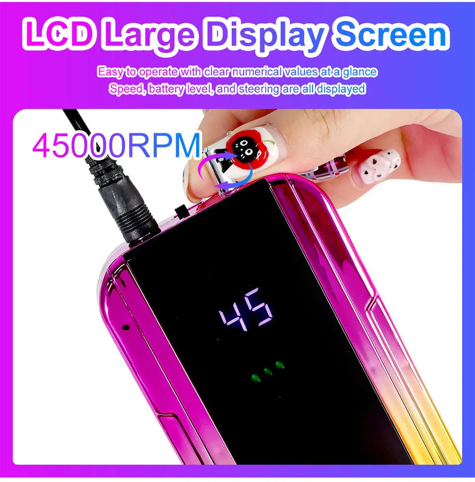 45000RPM Rechargeable Nail Drill Machine Laser Gradient Color Electric Nail Polish Remover Drill Sander Low Noise for Manicure