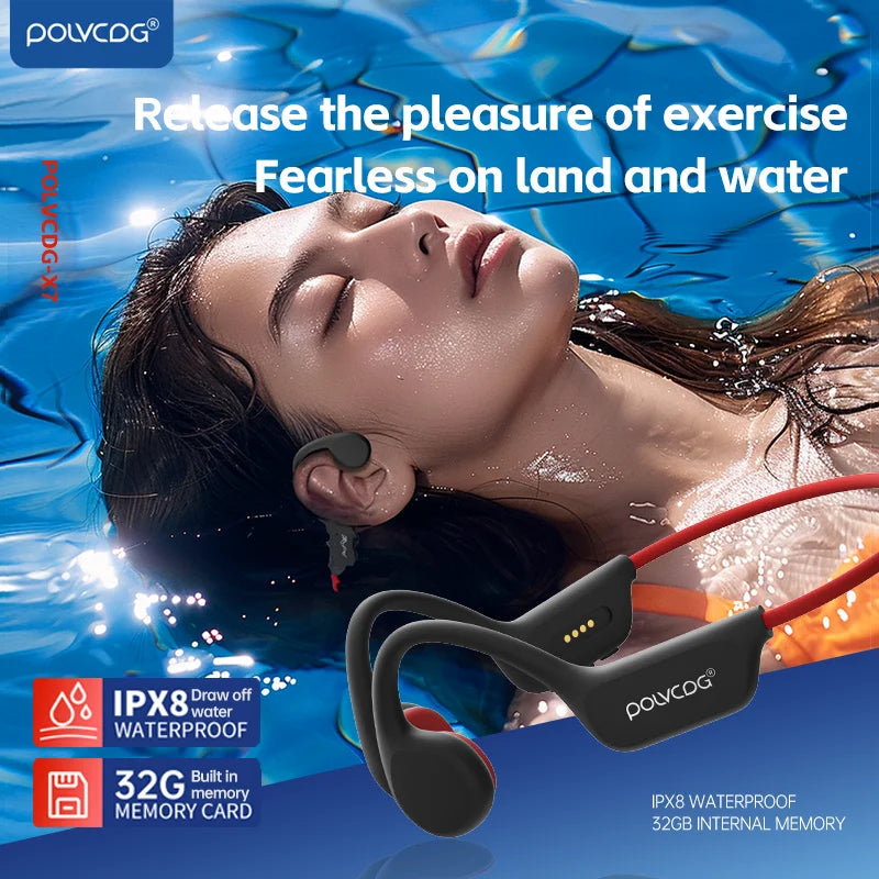 POLVCDG Knochenleitungs-Headset IPX8 32 GB Bluetooth 5.3 Kabelloses Headset mit Mikrofon Wasserdicht Schwimmen 2024 Neu