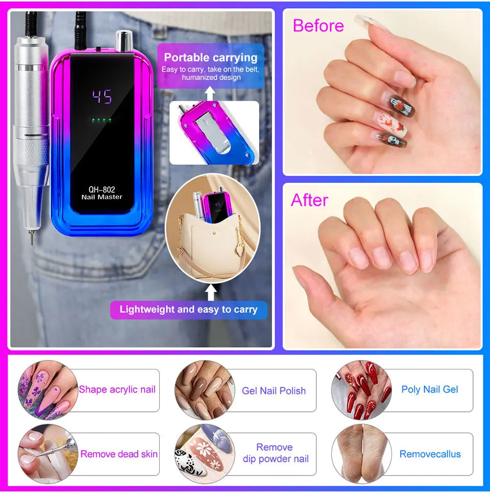 45000RPM Rechargeable Nail Drill Machine Laser Gradient Color Electric Nail Polish Remover Drill Sander Low Noise for Manicure