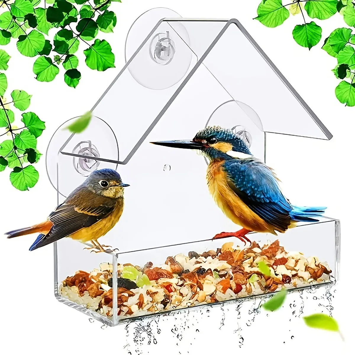 Vogelkäfig aus Acryl, Kolibri-Futterhaus, transparenter Wildtisch, abnehmbare Saugnäpfe, verschiebbare Futterschale, an der Wand montierter Futterspender