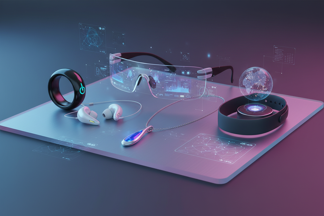 A selection of 2026 AI wearables including a smart ring, HUD glasses, and an AI lapel pin on a modern desk.