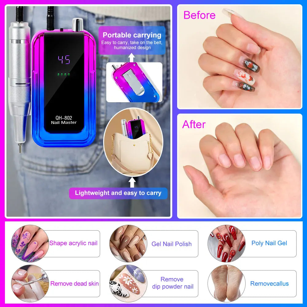 45000RPM Rechargeable Nail Drill Machine Laser Gradient Color Electric Nail Polish Remover Drill Sander Low Noise for Manicure