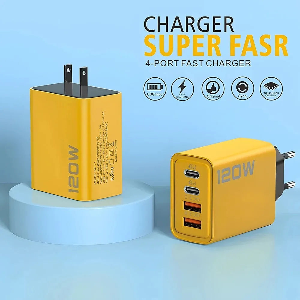 120W USB Type C Charger Fast Charging QC 3.0 Quick Charge for iPhone Samsung Xiaomi EU US Plug Mobile Phone Wall Charger Adapter