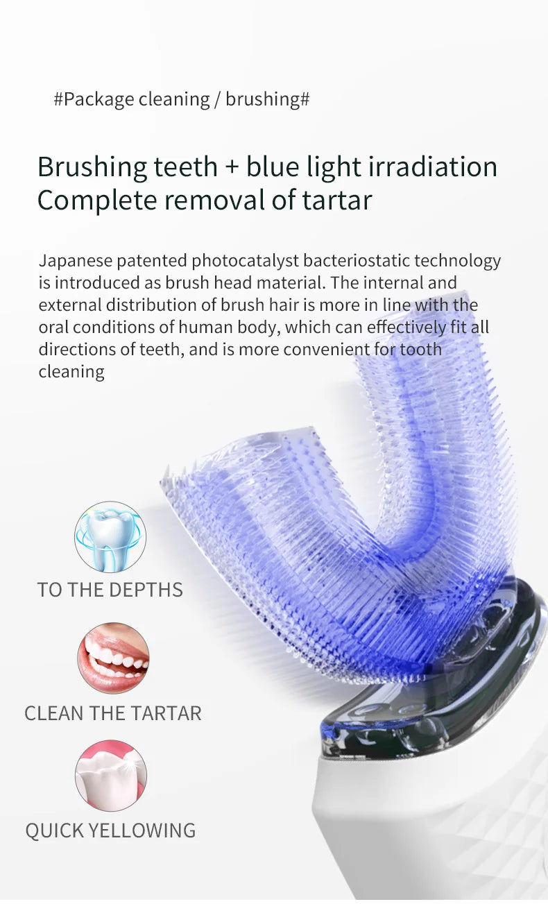 Automatic Electric Toothbrush U-Shape 360° | Hands-Free Sonic Whitening Toothbrush with Blue Light