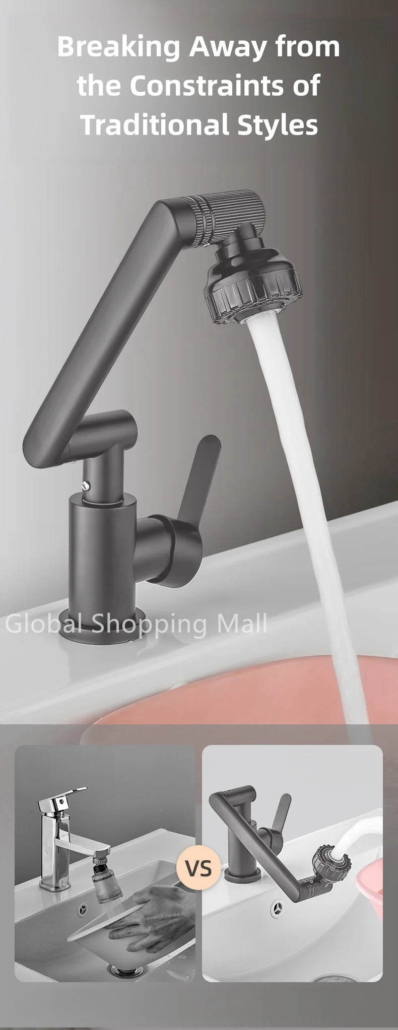 1080 Swivel Faucet  for Bathroom Sink Big Angle Rotate Spray Water Tap Single Handle Vanity Faucet Matte Black Kitchen Faucet